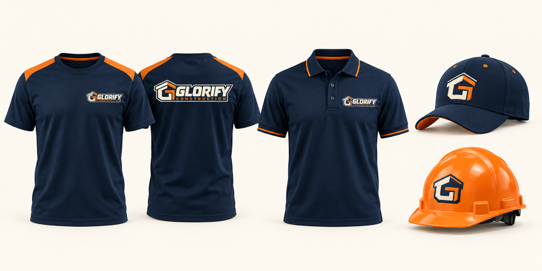 Glorify branded work T-shirts, polo, cap and hard hat